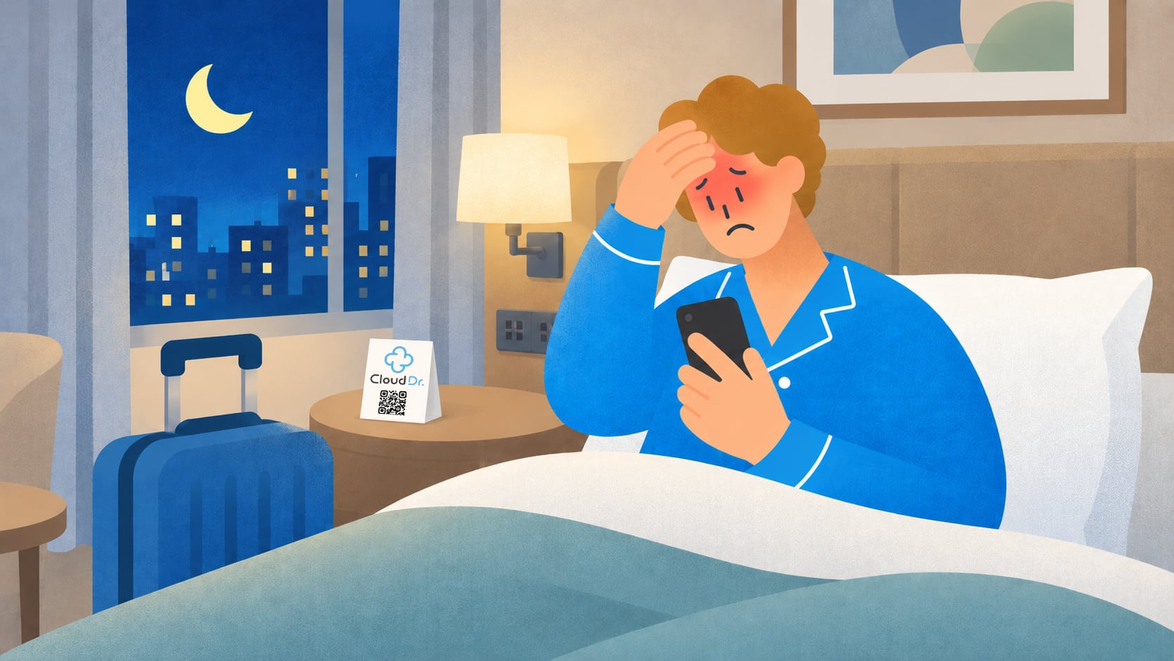 客室のベッドでスマートフォンから医師のオンライン診療を受けている宿泊者